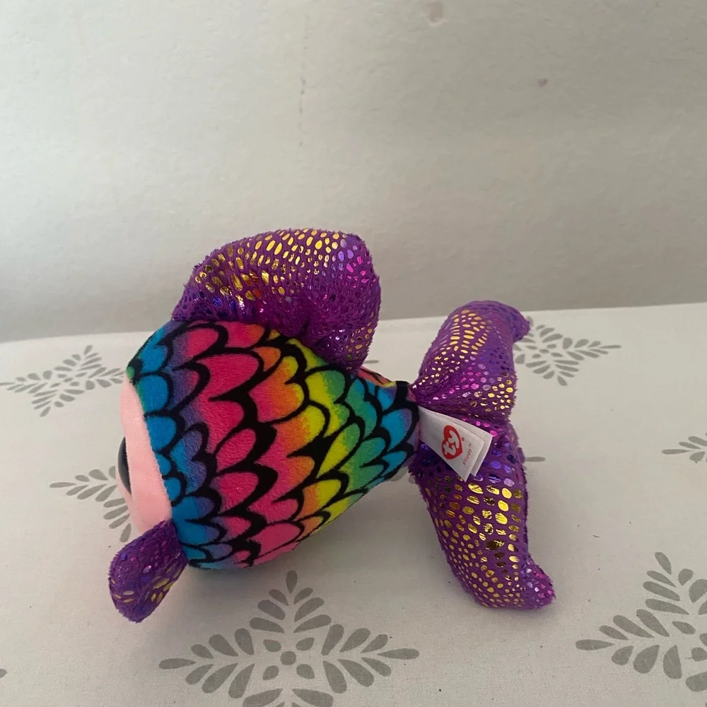 TY Beanie Boo FLIPPY Fish Plush Rainbow Purple Glitter Eyes 6